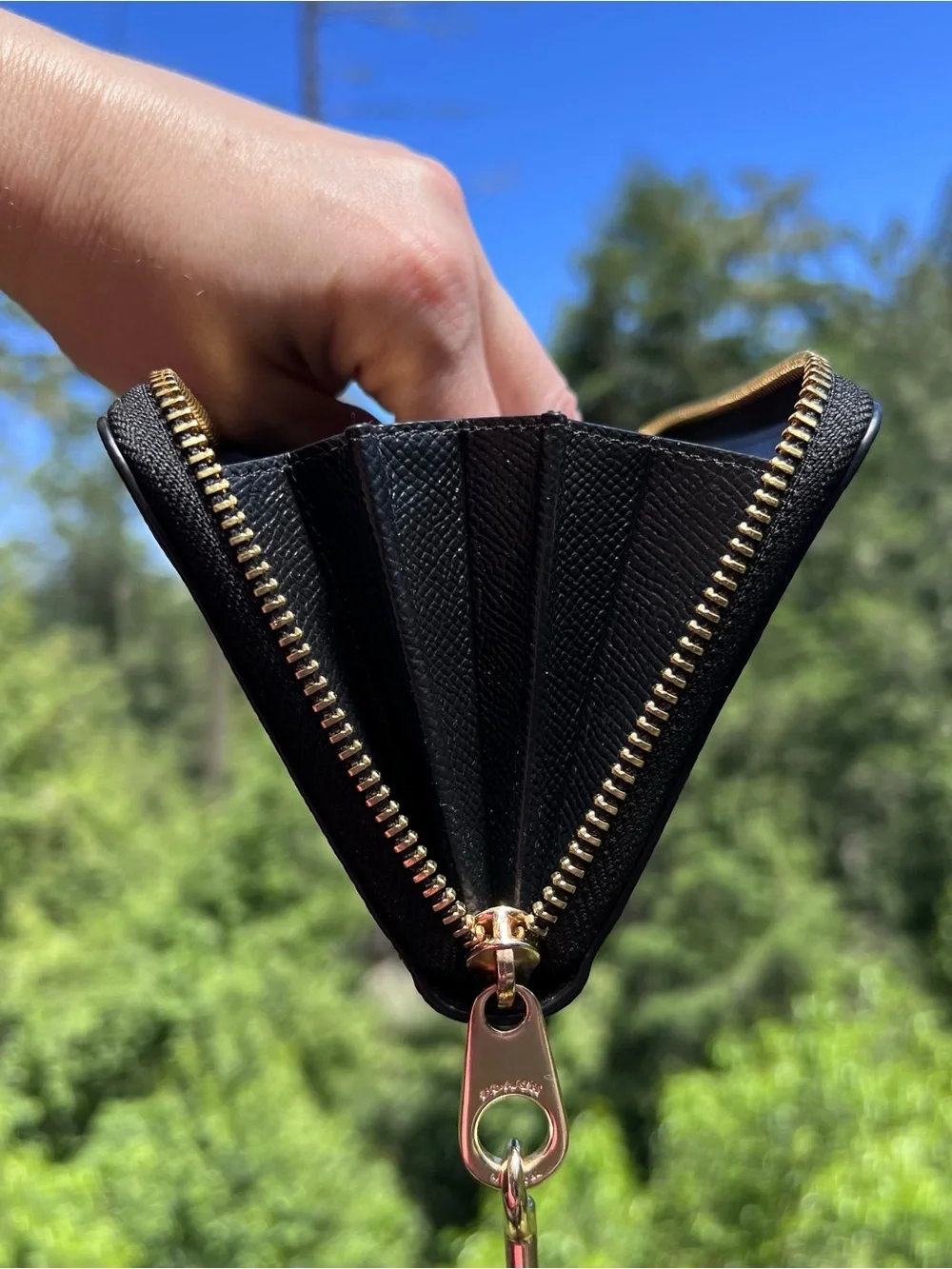 COACH Long Zip-Around Black Crossgrain Leather Phone Wallet with Gold Hardware